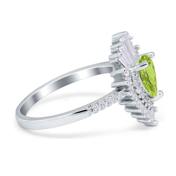 Pear Engagement Ring Baguette Simulated Peridot CZ 925 Sterling Silver